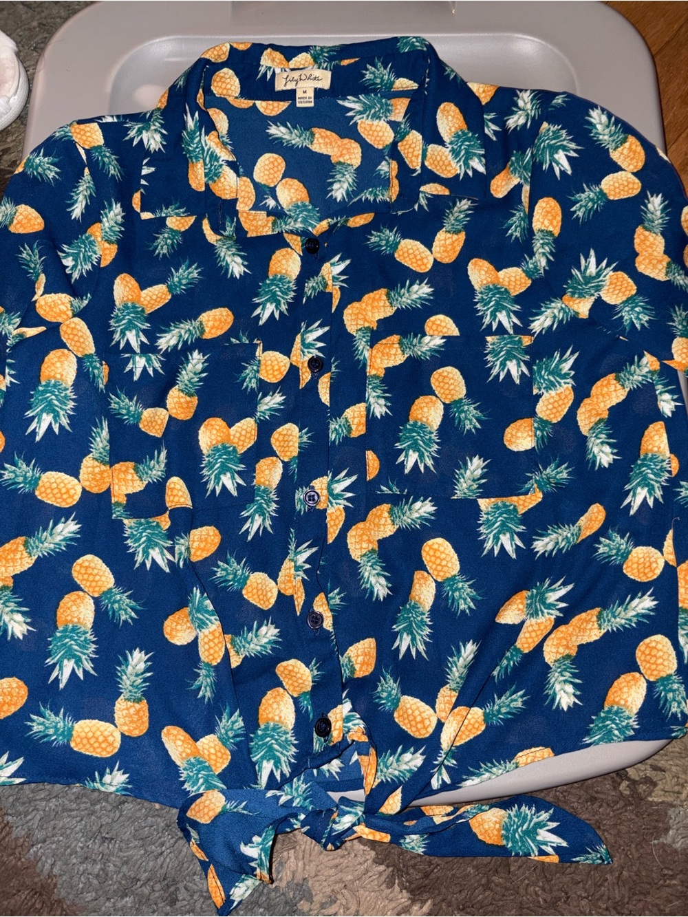 Lily White Navy Pineapple Print Button-Up Crop Top